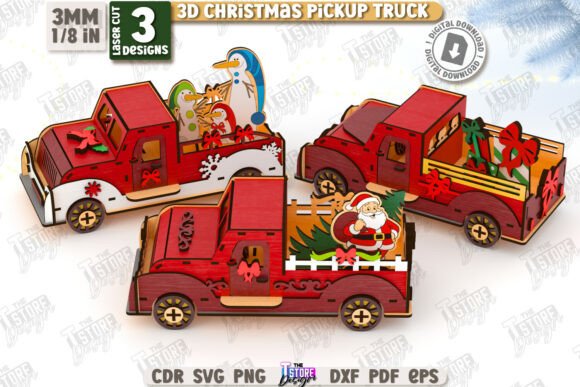 3D Christmas Pickup Trucks Laser Cut Set